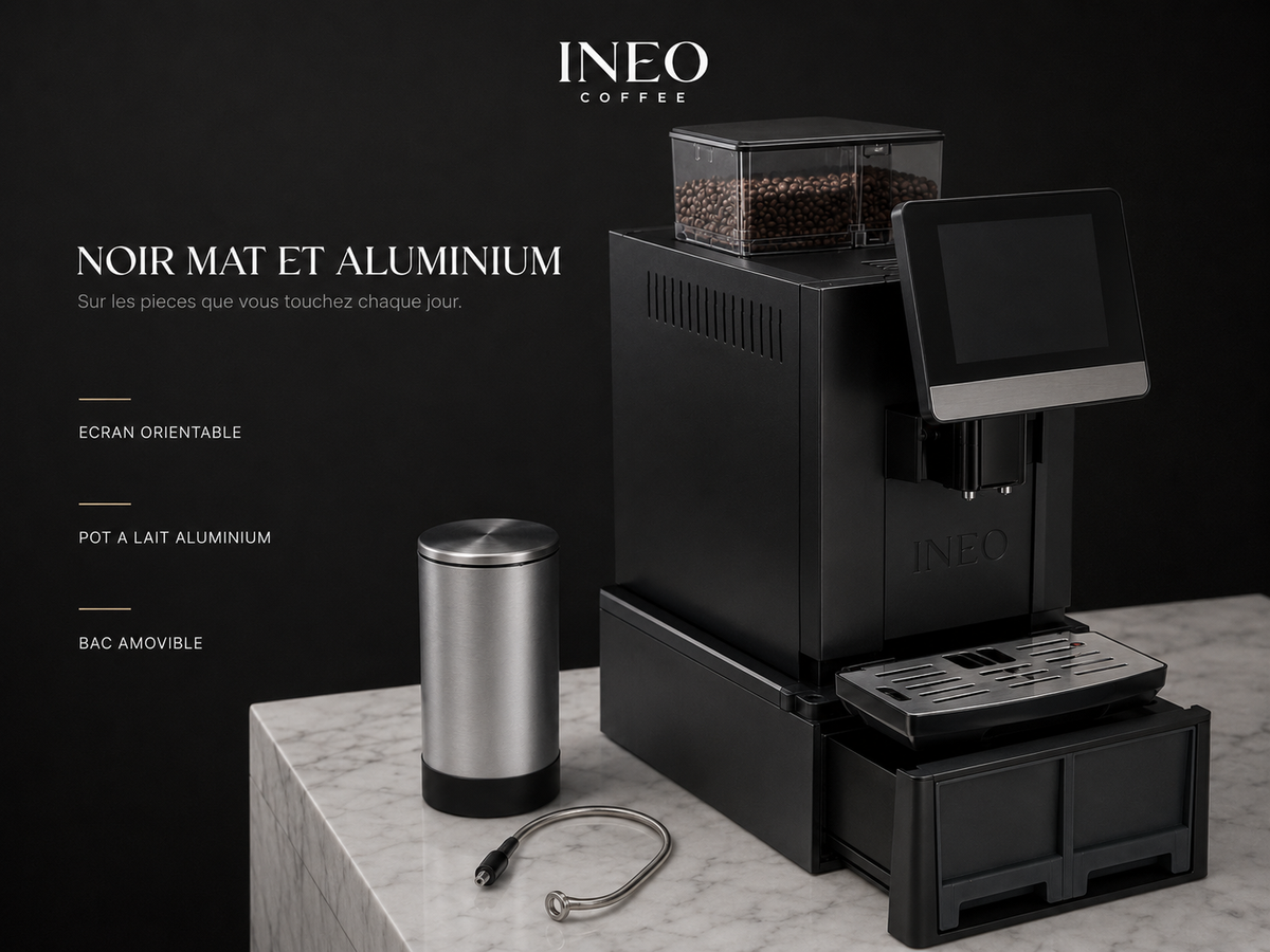 Détail des matières de l'INEO Bureau : écran orientable, pot à lait aluminium, bac amovible