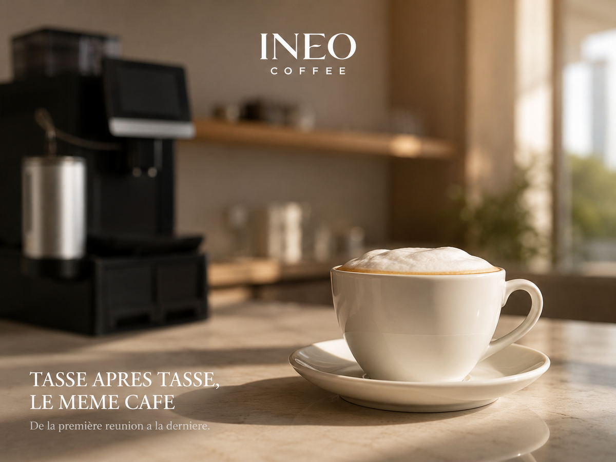 Cappuccino servi par l'INEO Bureau sur un comptoir de coin café d'entreprise